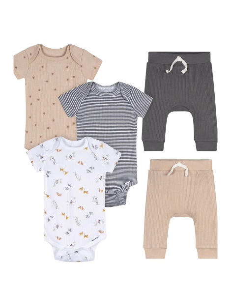 Conjunto de 5 piezas de body y pantalón de safari en tonos neutros para bebé