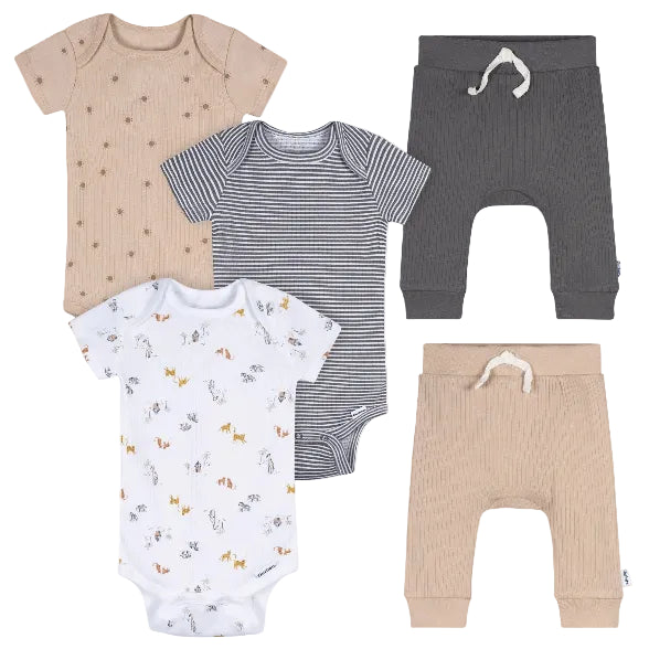 Conjunto de 5 piezas de body y pantalón de safari en tonos neutros para bebé